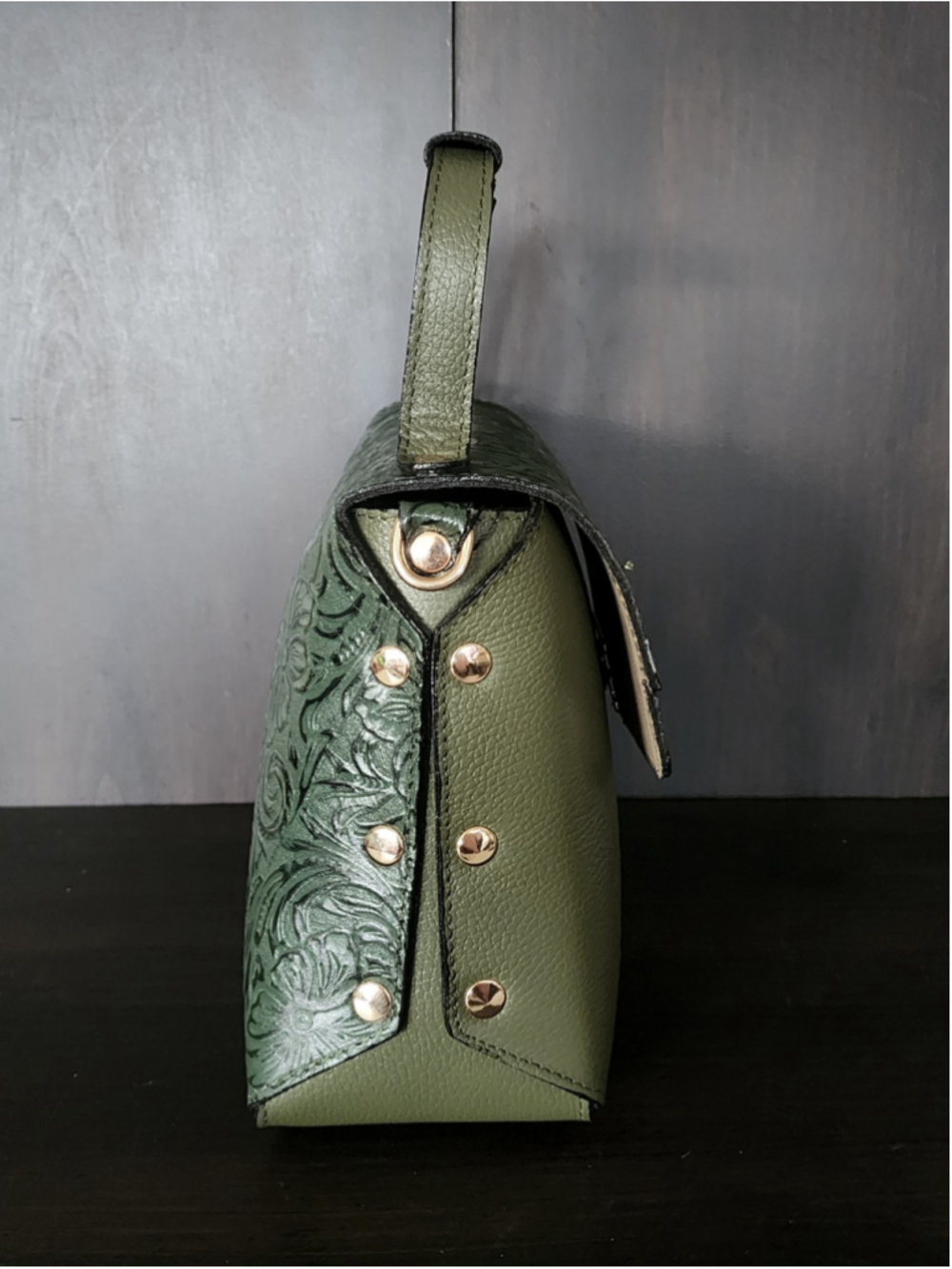 Forest Green Floral Studded Embossed Artisan LEATHER Purse Handbag Crossbody Bag - Picture 8 of 16